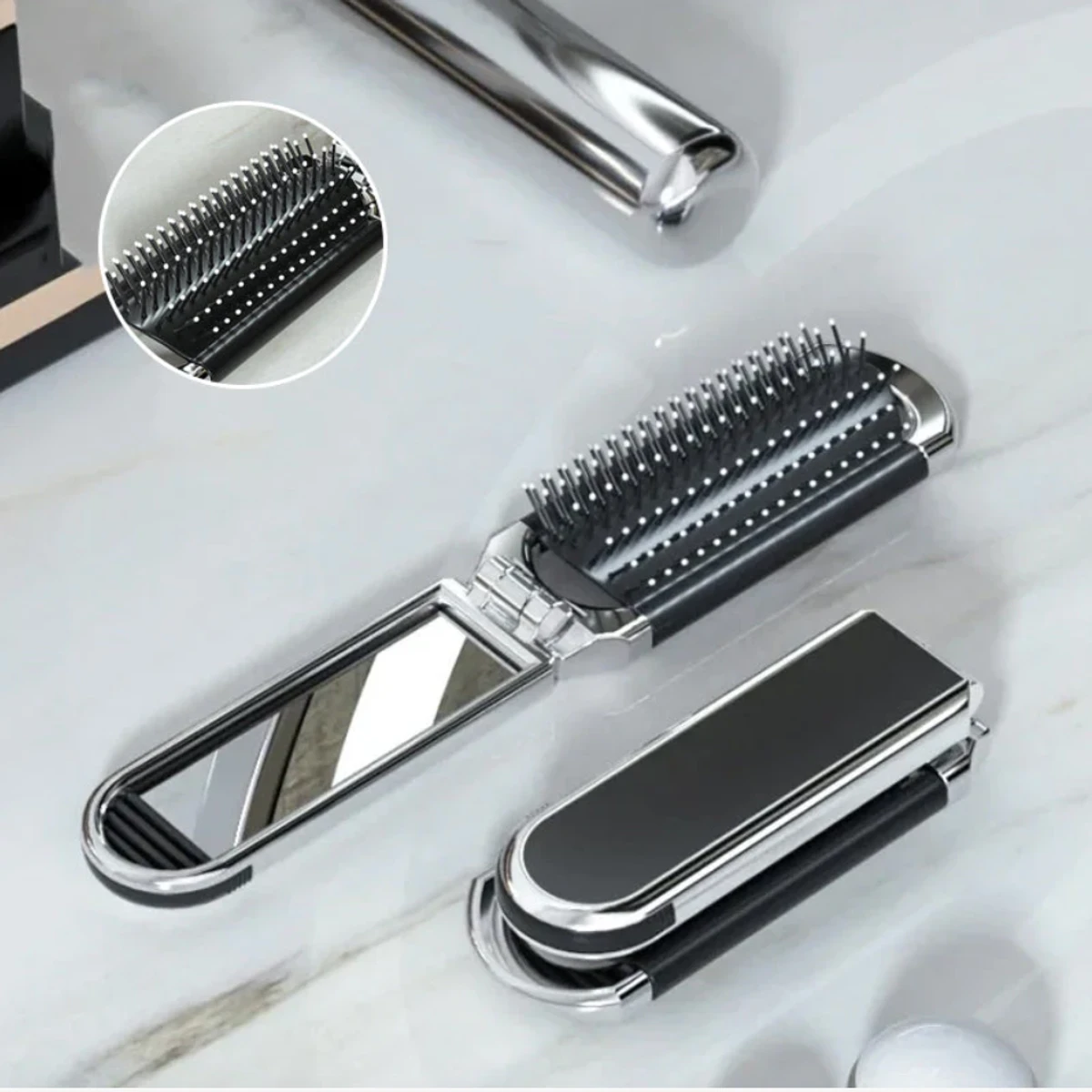 Travel Folding Mirror Hair Brush